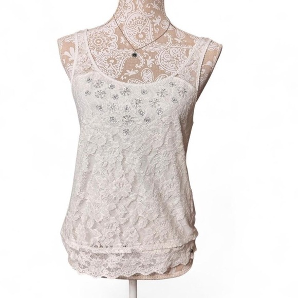 Abercrombie & Fitch White Lace Tank Top with Sequin Floral Detail Women's Medium - Picture 2 of 8